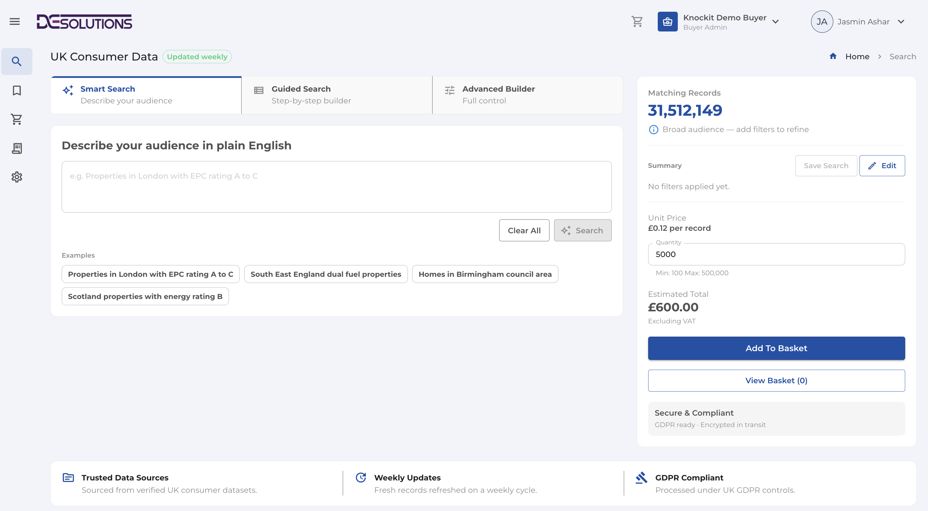 Buyer marketplace search with Smart Search and live quote rail